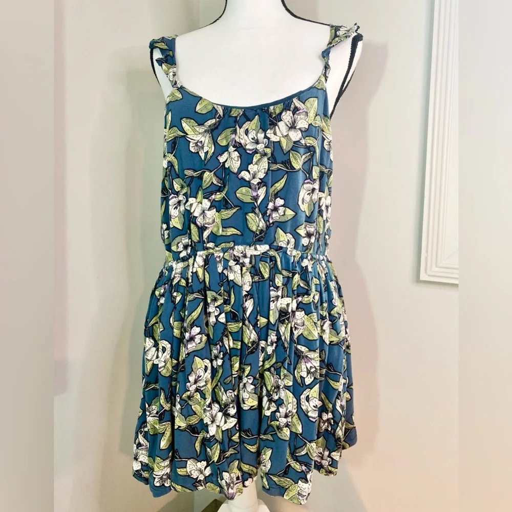 FREE PEOPLE Dear You Blue Green Floral Ruffle Flare Casual Sundress Size Medium